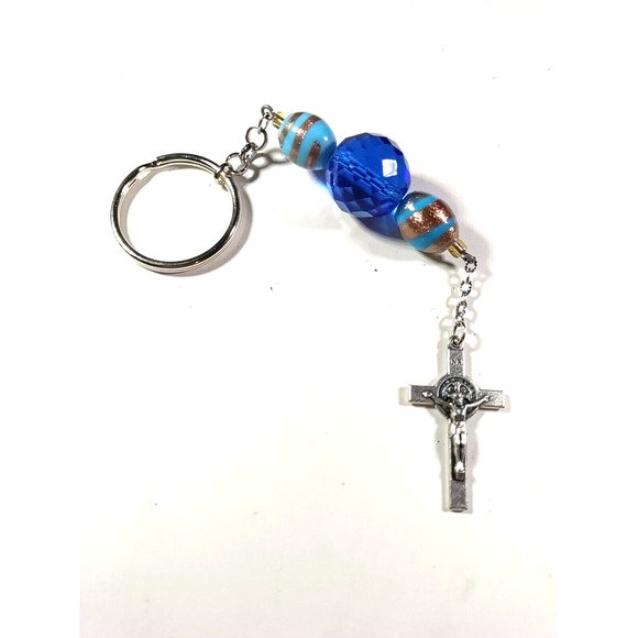 Cross Blue Beaded Keychain Long - Picture 2 of 7
